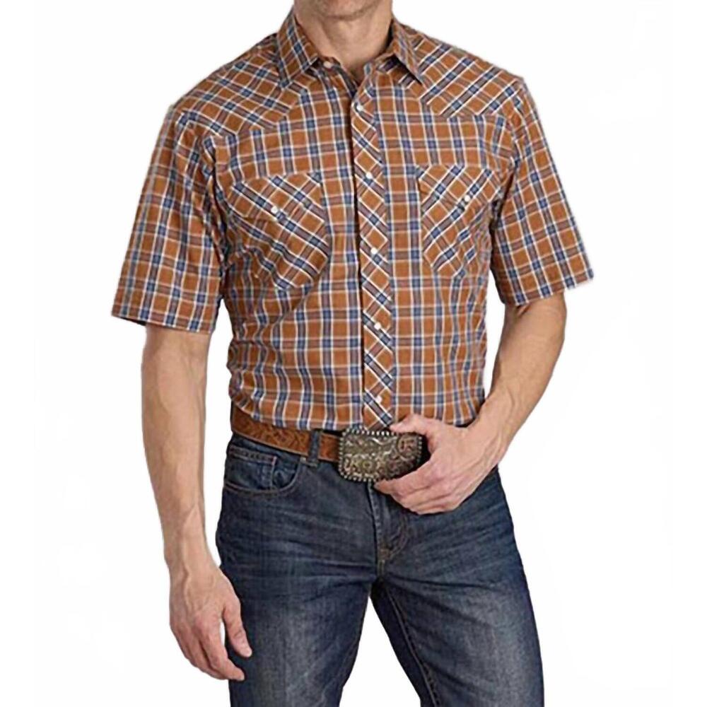 NEW ROPER men's classic plaid snap closure shirt in tan